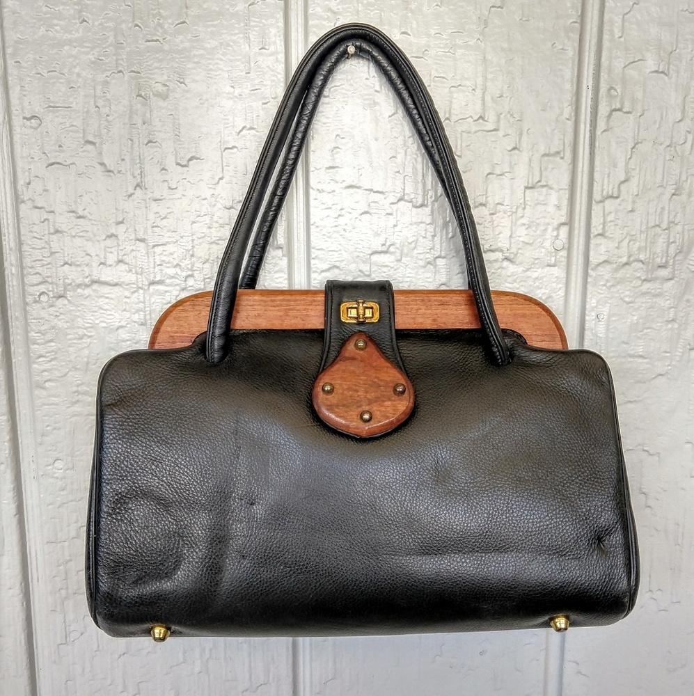 RARE VTG Lido Bags by Rialto 50's Leather Wood Bag